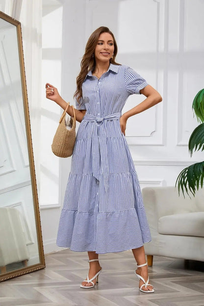 Eleanor | Striped Button Down Tiered Ruffle Maxi Shirt Dress