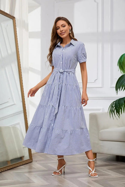 Eleanor | Striped Button Down Tiered Ruffle Maxi Shirt Dress