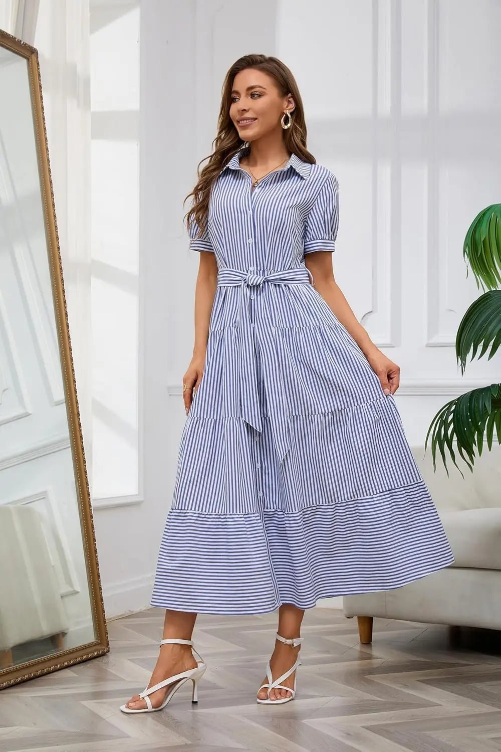 Eleanor | Striped Button Down Tiered Ruffle Maxi Shirt Dress