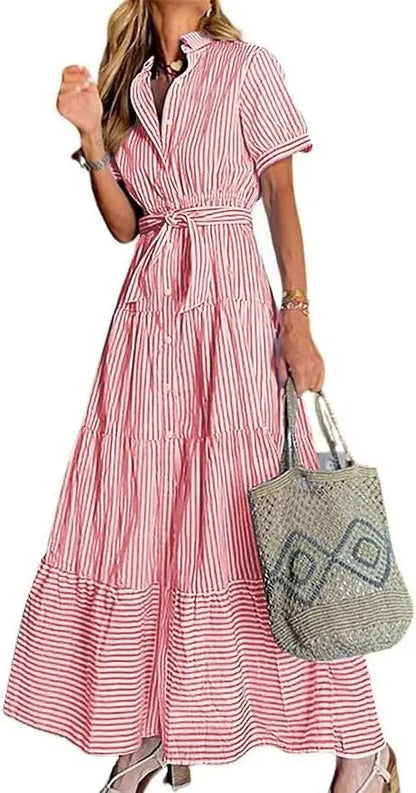 Eleanor | Striped Button Down Tiered Ruffle Maxi Shirt Dress