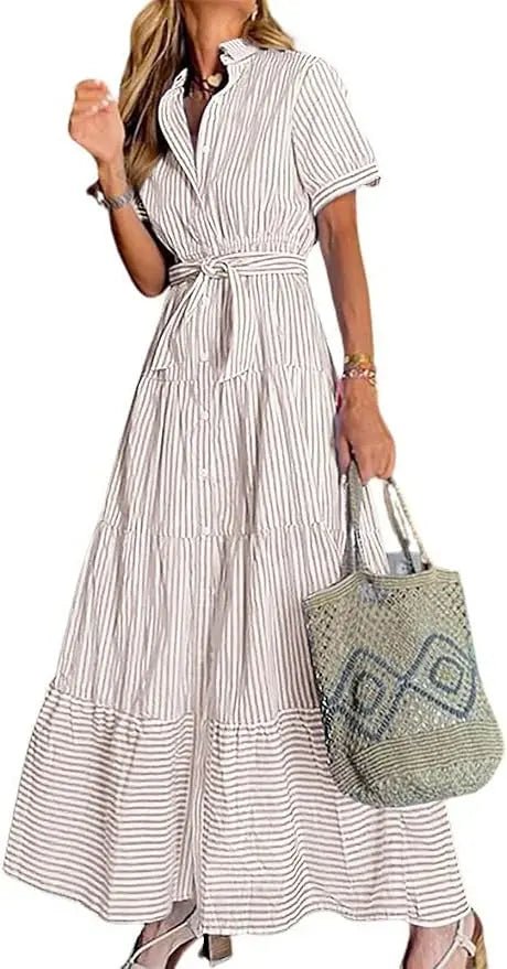 Eleanor | Striped Button Down Tiered Ruffle Maxi Shirt Dress