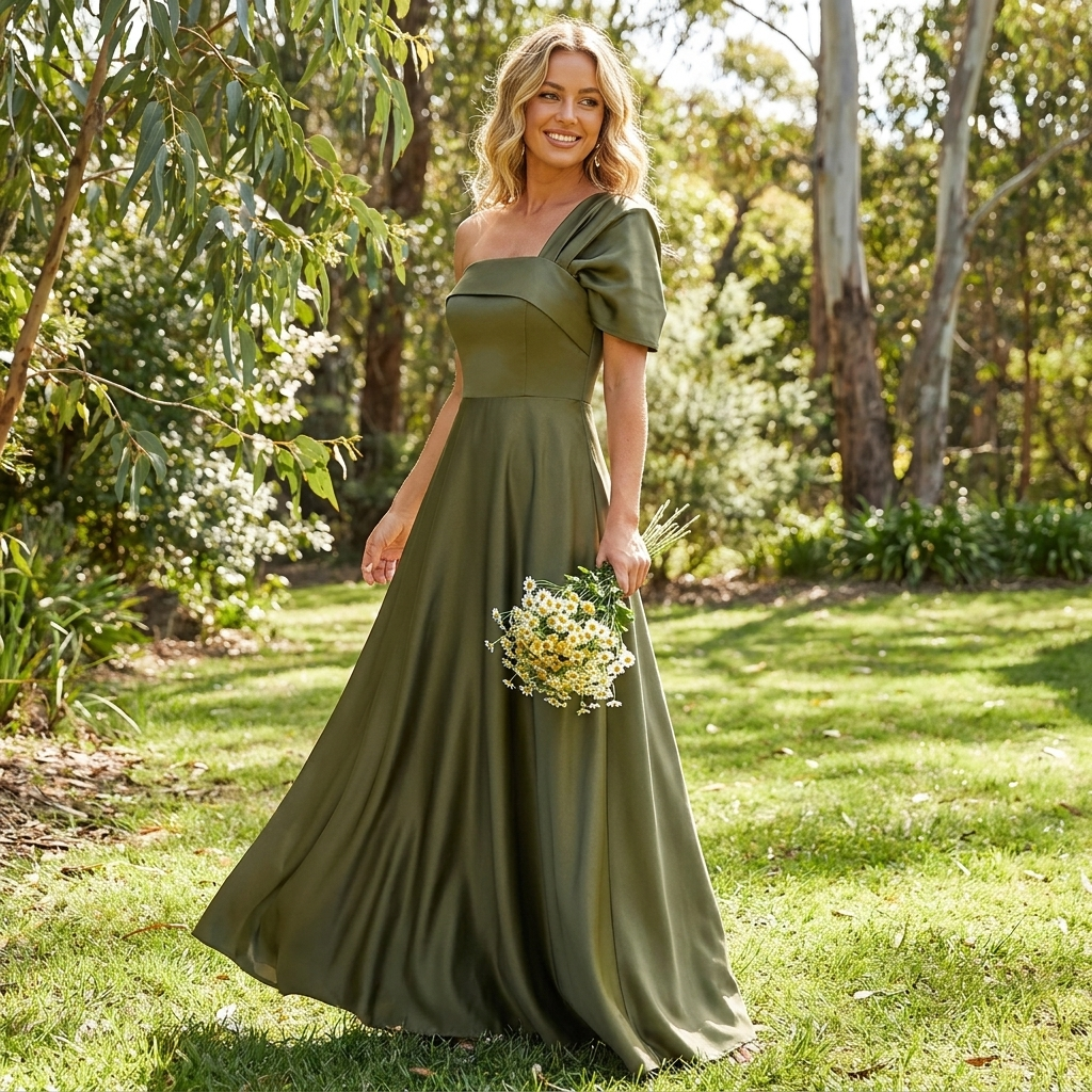 Ophelia | Green One Shoulder Ruffle Maxi Wedding Guest Dress