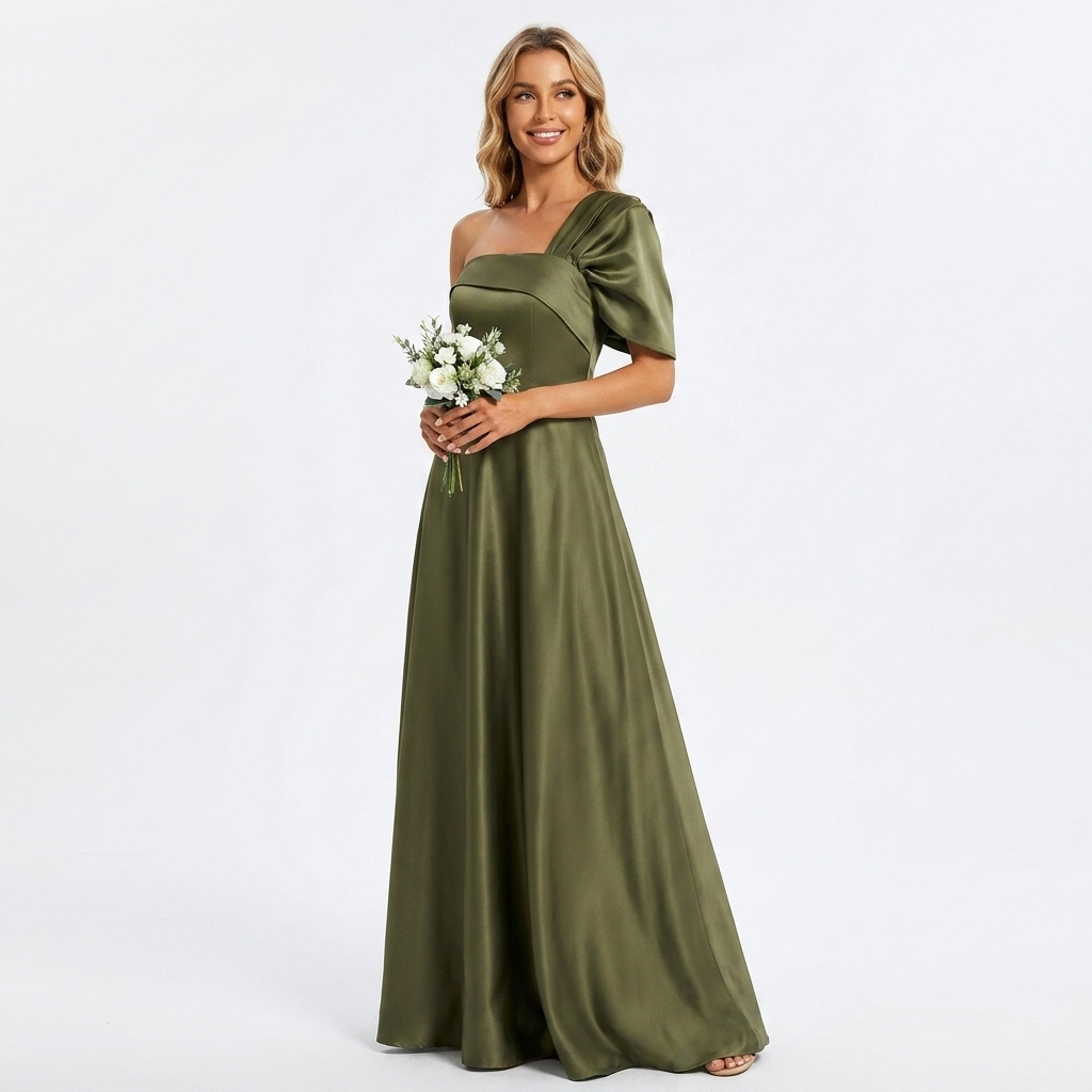 Ophelia | Green One Shoulder Ruffle Maxi Wedding Guest Dress