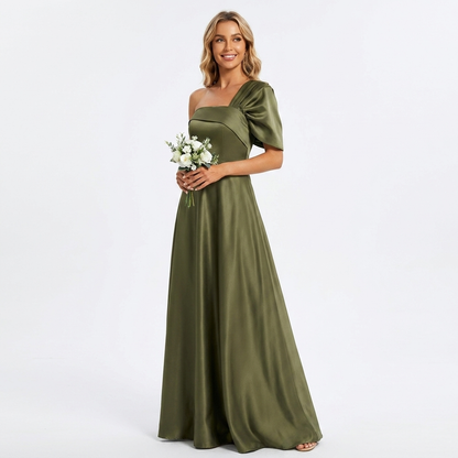 Ophelia | Green One Shoulder Ruffle Maxi Wedding Guest Dress